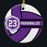 Ornement En Céramique Volley-ball violet | Nom et numéro do-it-yourself<br><div class="desc">do-it-yourself Nom et Numéro Volleyball Sport Joueur Ornements de Noël. ⭐ Ce Produit est 100% Personnalisable. Les graphiques et / ou le texte peuvent être ajoutés, supprimés, déplacés, redimensionnés, changés autour, tournés, etc... 99% de mes designs dans mon magasin sont faits en couches. Cela vous permet de redimensionner et de...</div>