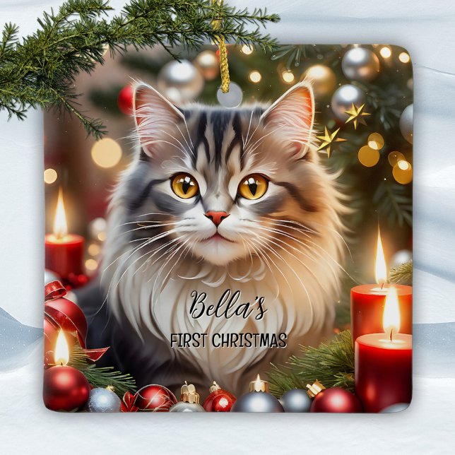 Ornement En Céramique Votre photo First Christmas Cat (Christmas ornament featuring your custom cat (or other) photo with optional gold stylized stars)