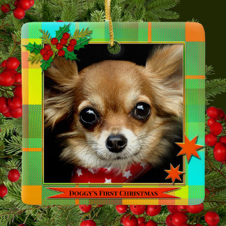 Ornement En Céramique Votre Photo Premier Noël à carreaux