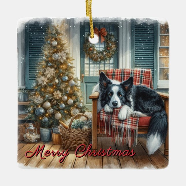 Ornement En Céramique Watercolor Border Collie Christmas Dog (Devant)