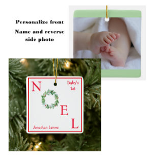 Ornement En Céramique Watercolor Holiday Wreath Photo BABY 1st NOEL