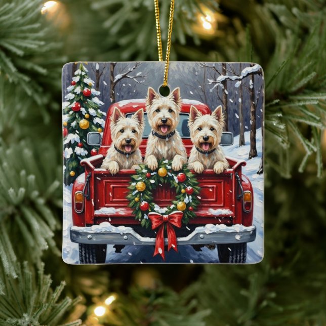 Ornement En Céramique West Highland White Terrier Christmas Red Truck (Arbre)