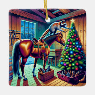 Ornement En Céramique Western Barn Raccoon décorant l'arbre de Noël