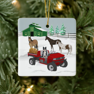 Ornement En Céramique Western Farm Horse Ranch Red ATV Chien et grange