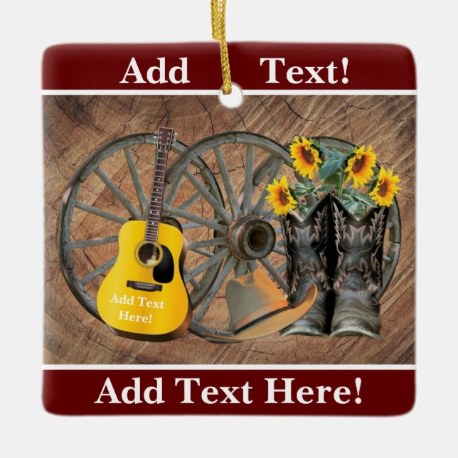 Ornement En Céramique Western Wagon Wheel Guitar Cowboy bottes tournesol (Devant)