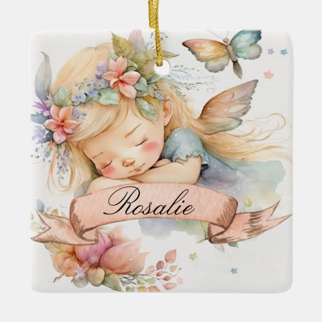 Ornement En Céramique Whimsical Floral Sweet Dreams Sleeping Fairy Girl (Devant)