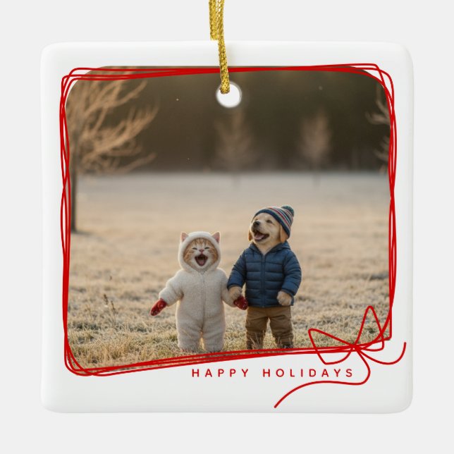 Ornement En Céramique Whimsical Red Ribbon Frame Holiday Photo (Devant)