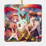 Ornement En Céramique Whimsical Romantic Anime Couple<br><div class="desc">Décor de Noël personnalisé pour les couples. Un cadeau romantique de conservation. Ajoutez les noms et l'année dans la zone de personnalisation. Anime garçon et fille amoureuse assis dans un lot de champignons vintages et de fleurs avec des papillons volant dans l'arrière - plan.</div>