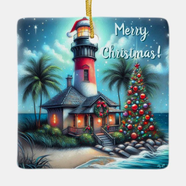 Ornement En Céramique Whimsical Tropical Christmas Lighthouse Teal Red (Devant)