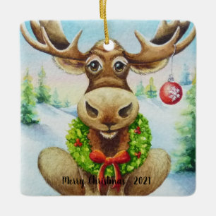 Ornement En Céramique Whimsical Winter Christmas Moose Watercolor Art