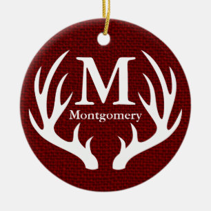 Ornement En Céramique White Deer Antlers Red Faux Burlap