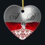 ORNEMENT EN CÉRAMIQUE WHITE RED RIBBON DAMASK GEM STONE MONOGRAM<br><div class="desc">Elegant , classy and unique design with a vibrant 3D gem stone easily customizable with your text and initials .Digital design by BALDESIGN3D (c) Easy to customize as a wedding ceremony, nuptial announcement card , place cards , save-the-date card, thank you card , baby showers, bridal showers, sweet 16, quinceanera...</div>