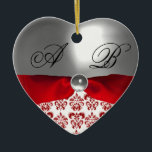 ORNEMENT EN CÉRAMIQUE WHITE RED RIBBON DAMASK GEM STONE MONOGRAM<br><div class="desc">Elegant , classy and unique design with a vibrant 3D gem stone easily customizable with your text and initials .Digital design by BALDESIGN3D (c) Easy to customize as a wedding ceremony, nuptial announcement card , place cards , save-the-date card, thank you card , baby showers, bridal showers, sweet 16, quinceanera...</div>