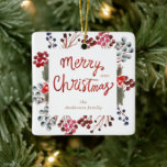Ornement En Céramique Winter Red Berries Joyeux Noël Photo<br><div class="desc">Aquarelle avec des baies rouges d'hiver et un script fantaisiste "Joyeux Noël" sur le devant et photo sur le dos. Personnalisez avec vos propres informations et photo. Consultez notre magasin pour plus d'options d'ornement.</div>