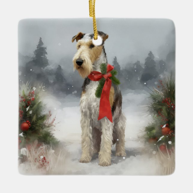 Ornement En Céramique Wirefox Terrier Chien de Noël de neige (Devant)