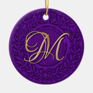 Ornement En Céramique Wreath Laurel avec Monogramme or en violet