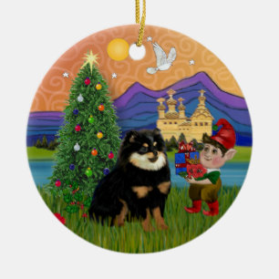 Ornement En Céramique Xmas Fantasy - Poméranien (noir et feu)