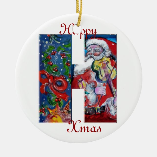 ORNEMENT EN CÉRAMIQUE XMAS H LETTER /SANTA  CLAUS WITH VIOLIN MONOGRAM (Devant)