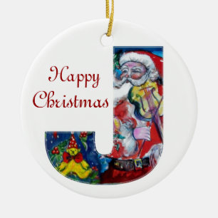 ORNEMENT EN CÉRAMIQUE XMAS J LETTER /SANTA  CLAUS WITH VIOLIN MONOGRAM
