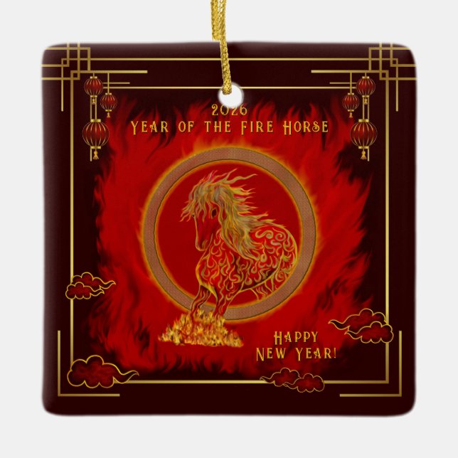 Ornement En Céramique Year of the Fire Horse , Happy Lunar New Year (Devant)