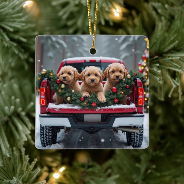 Ornement En Céramique Yorkipoo Christmas Red Truck Holiday Gift (Arbre)
