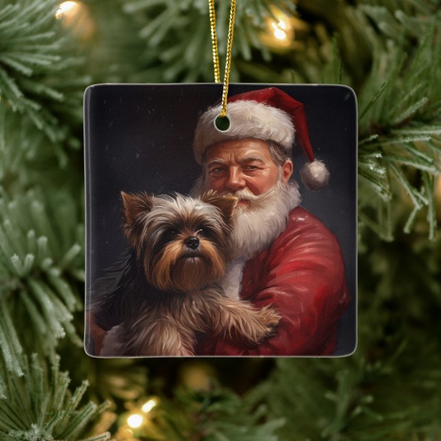 Ornement En Céramique Yorkshire Terrier Santa Claus Festive Noël (Arbre)