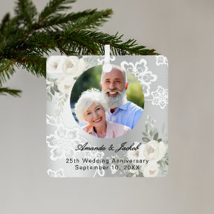 Ornement En Métal 25e anniversaire du Mariage photo florales argent