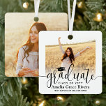 Ornement En Métal 2 Photo Graduation Elegant Black Script Class Year<br><div class="desc">Commemorate the graduate's achievement with a custom 2 photo square graduation Christmas ornament. Pictures and all text are simple to customize and can be different on front and back. (IMAGE PLACEMENT TIP: An easy way to center a photo exactly how you want is to crop it before uploading to the...</div>