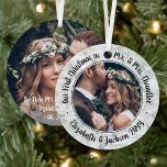 Ornement En Métal 2 Photo Mr & Mrs 1st Christmas Elegant Faux Marble<br><div class="desc">Celebrate a joyful 1st holiday as a married couple with a custom 2 photo "Our First Christmas as Mr. & Mrs." round metal faux marble ornament. All text and images on this template are simple to personalize. (IMAGE & TEXT DESIGN TIPS: 1) To adjust position of wording, add spaces at...</div>
