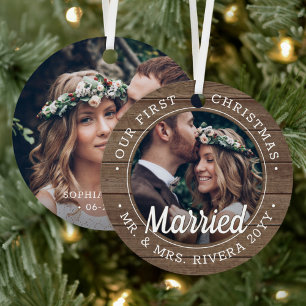 Ornement En Métal 2 Photo Newlyweds 1st Xmas Married Faux Barn Wood