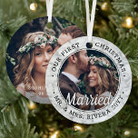 Ornement En Métal 2 Photo Newlyweds 1st Xmas Married Faux Marble<br><div class="desc">Celebrate a joyful 1st holiday as Mr. & Mrs. with a custom 2 photo "Our First Christmas Married" round metal faux marble ornament. All text and images on this template are simple to personalize. If preferred, the script typography can read "Together" or "Engaged." (IMAGE & TEXT DESIGN TIPS: 1) To...</div>