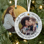Ornement En Métal 2 Photo Premier Noël Engagé Faux Marble Round<br><div class="desc">Célébrez le joyeux 1er jour férié de votre fiançailles avec une photo personnalisée 2 "Notre premier Noël engagé" ornement rond en faux marbre métal. Tous les textes et images de ce modèle sont simples à personnaliser. Si vous préférez, la typographie de script peut lire "Ensemble" ou "Marié" (IMAGE & TEXTE...</div>