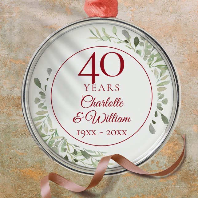 Ornement En Métal 40ème anniversaire de la Mariage de Ruby Verdure (40th Ruby Wedding Anniversary Greenery Metal Ornament)