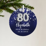 Ornement En Métal 80e anniversaire marine bleu argent étoiles<br><div class="desc">Une couleur bleu marine arrière - plan avec des étoiles faux argent. La couleur bleue est inégale. Ajouter votre nom,  texte/date</div>