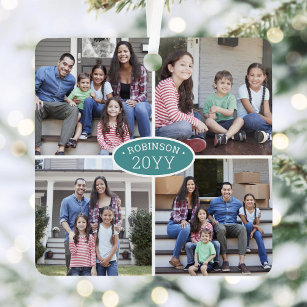 Ornement En Métal 8 Photo Collage Nom de famille et année Turquoise 