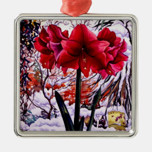 Ornement En Métal Amaryllis par la fenêtre de neige