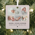 Ornement En Métal Annonce de naissance avec 5 photos modernes<br><div class="desc">Moderne 5 photos multiples sur une grille affichant vos photos préférées de nouveau-né avec nom et statistiques de naissance ornement en métal rose poussiéreux.</div>