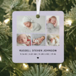 Ornement En Métal Annonce de naissance avec 5 photos modernes<br><div class="desc">Moderne 5 multi photos sur une grille affichant vos photos préférées de nouveau-né avec nom et statistiques de naissance ornement métallisé violet poussiéreux.</div>