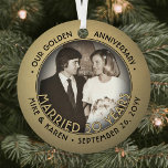 Ornement En Métal Any Text 2 Photo Golden 50th Mariage Anniversary<br><div class="desc">Célébrez un joyeux 50e anniversaire de mariage d'or avec une coutume 2 photo "Marié 50 ans" noir et or ornement de Noël en métal rond. Tous les textes et les images de ce modèle sont simples à personnaliser et peuvent être différents ou identiques sur le devant et le dos. (AVIS...</div>