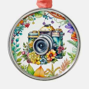 Ornement En Métal Appareil photo rétro dans des fleurs vintage Noël