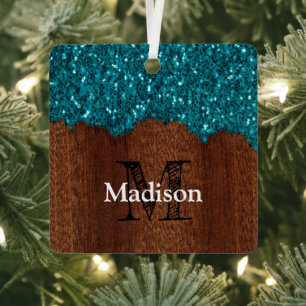 Ornement En Métal Aqua bleu étincelle bois brun rustique Monogramme