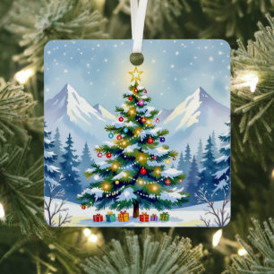 Ornement En Métal Aquarelle Arbre de Noël dans les montagnes Photo