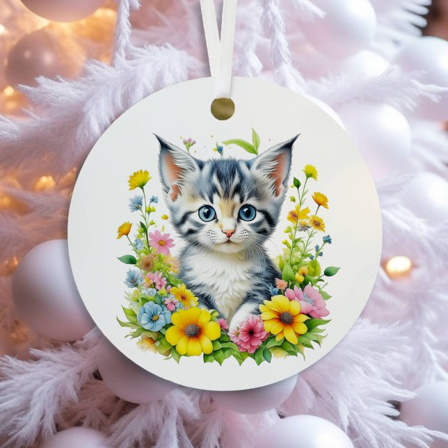 Ornement En Métal Aquarelle Kitten Fleurs personnalisées Noël (Créateur téléchargé)