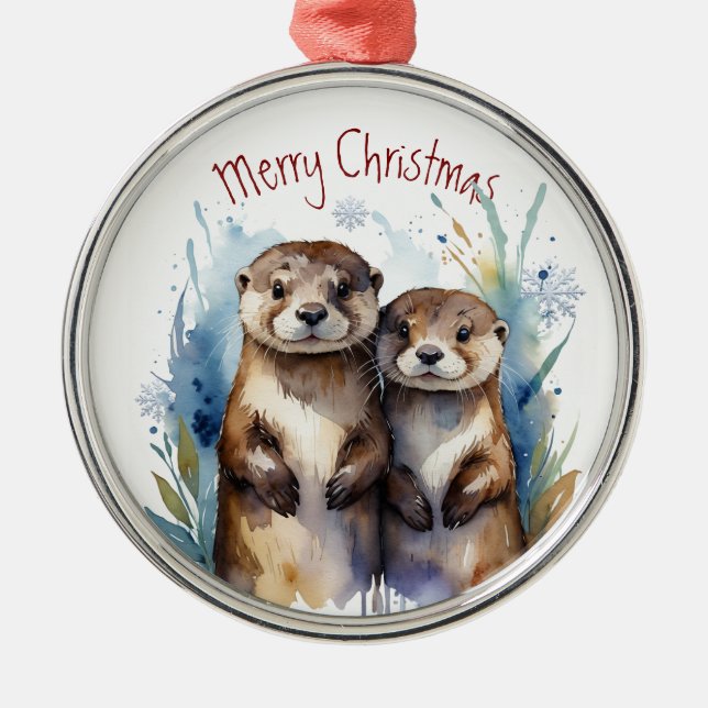 Ornement En Métal Aquarelle Otter Couple Art animal d'hiver (Devant)