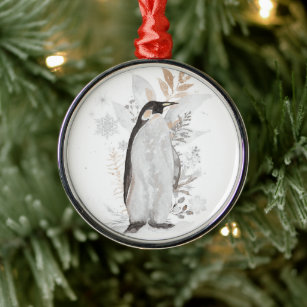 Ornement En Métal Aquarelle Penguin Hiver Verdure Ornament
