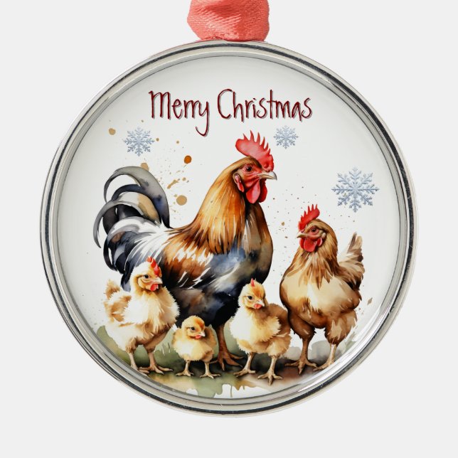 Ornement En Métal Aquarelle Poulet Famille Animaux Oiseaux Nature Ar (Devant)