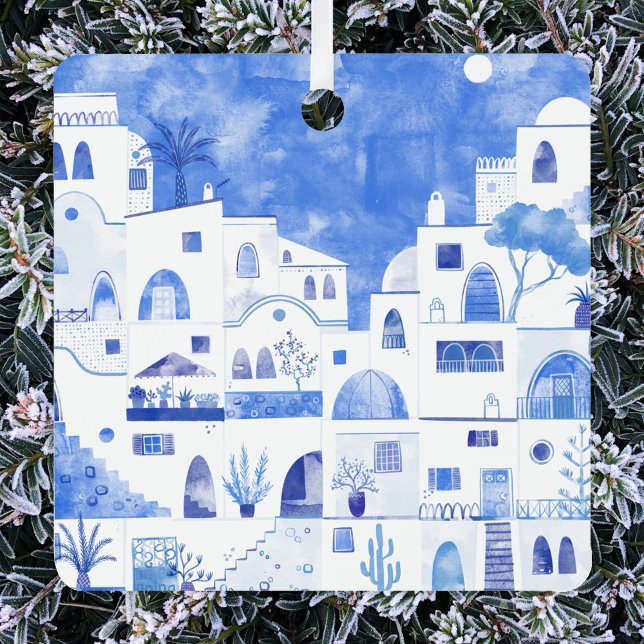 Ornement En Métal Aquarelle Santorin Grèce (Santorini watercolor art square metal ornament)