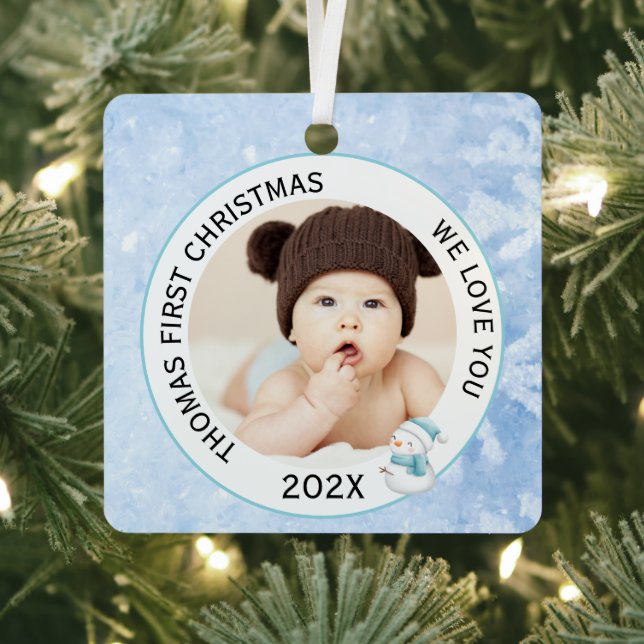 Ornement En Métal Baby Boy First Christmas Photo Icy Blue (Insitu)
