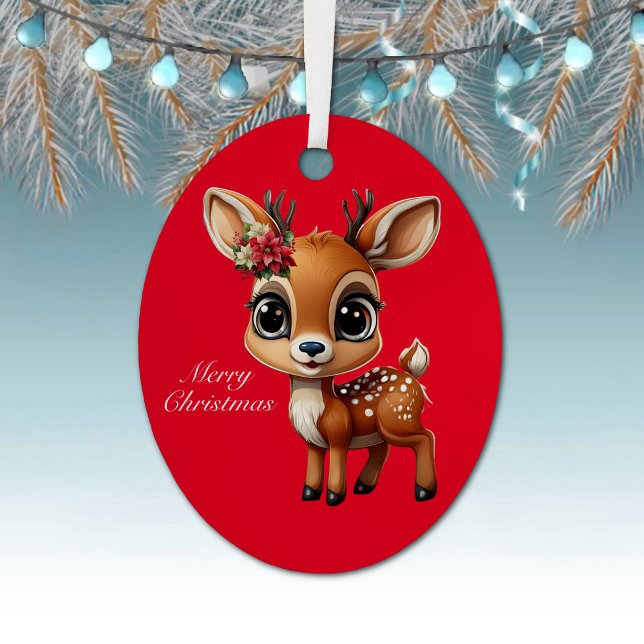Ornement En Métal Baby Deer, Faun, Doe, Reindeer 🦌 🎄 Joyeux Noël (Baby Deer, Fawn, Doe 🦌Poinsettia Reindeer Antlers Merry Christmas 🎄Red Oval Metal Ornament)