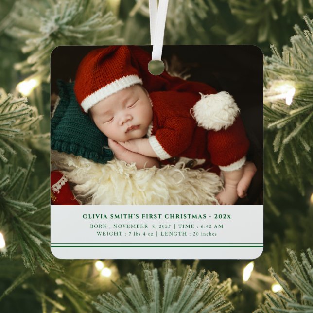 Ornement En Métal Baby First Christmas Birth Stats Faire-part (Insitu)